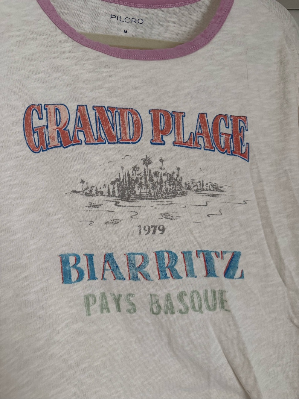 Pilcro Cream Graphic Tee with Pink Trim and Multicolor Print - Picture 2 of 3